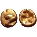 Ionia, uncertain mint EL 1/24 Stater. Circa 600-550 BC. Phokaic standard. Human leg / Incuse square.