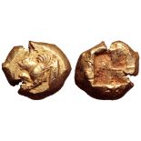 Mysia, Kyzikos EL Stater. Circa 500-450 BC. Forepart of winged lioness to left; tunny fish