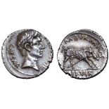 Augustus AR Denarius. Rome, 19-18 BC. M. Durmius, moneyer. CAESAR AV[GVSTVS], bare head right /