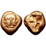 Mysia, Kyzikos EL Stater. Circa 500-450 BC. Janiform head of nymph wearing stephane, and satyr;