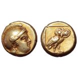 Lesbos, Mytilene EL Hekte. Circa 375-326 BC. Helmeted head of Athena right / Owl standing right,