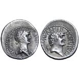 Cleopatra and Marc Antony AR Denarius. Uncertain Eastern mint, autumn 34 BC. CLEOPA[TRAE•R]EGINAE•