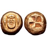 Mysia, Kyzikos EL Stater. Circa 500-450 BC. Head of Silenos facing; tunny fish upward to either side