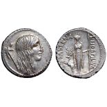 L. Hostilius Saserna AR Denarius. Rome, 48 BC. Bare head of Gallia right, with long, dishevelled