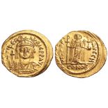 Maurice Tiberius AV Solidus. Constantinople, AD 583-602. D N MAVRC TIb P P AV, helmeted, draped