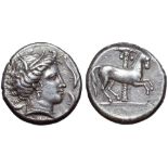 Sicily, Entella AR Tetradrachm. Circa 345-315 BC. Head of Tanit right, wearing wreath of grain ears,