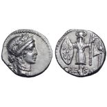 Julius Caesar AR Denarius. Military mint travelling with Caesar, 48-47 BC. Diademed female head