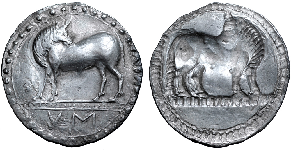 Lucania, Sybaris AR Stater. Circa 530-510 BC. Bull standing left, head right; VM in exergue / Incuse