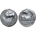 Lucania, Sybaris AR Stater. Circa 530-510 BC. Bull standing left, head right; VM in exergue / Incuse