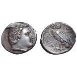 Bruttium, Kroton AR Drachm. Circa 300-250 BC. Male head right / Owl standing left; QPO above,