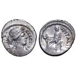 C. Clodius Vestalis AR Denarius. Rome, 41 BC. Draped bust of Flora right, wearing wreath of flowers;