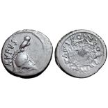 Mn. Cordius Rufus AR Denarius. Rome, 46 BC. Corinthian helmet right, with crest on which owl stands;