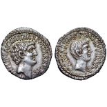 Marc Antony and Octavian AR Denarius. Military mint moving with Antony (Ephesus?), 41 BC. M.