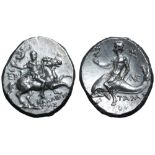 Calabria, Tarentum AR Nomos. Circa 240-228 BC. Kallikrates, magistrate. Warrior, holding Nike, who