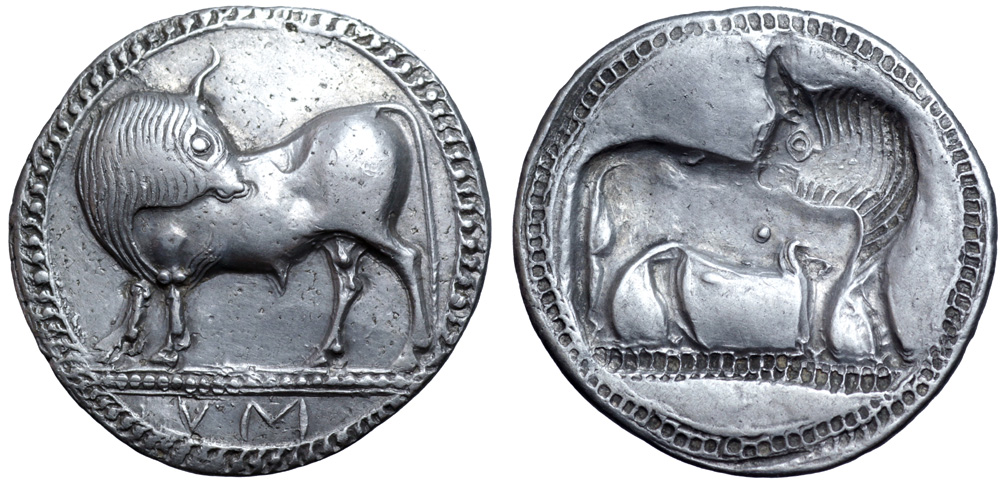 Lucania, Sybaris AR Stater. Circa 530-510 BC. Bull standing left, head right; VM in exergue / Incuse