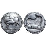 Lucania, Sybaris AR Stater. Circa 530-510 BC. Bull standing left, head right; VM in exergue / Incuse