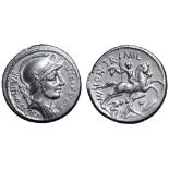 P. Fonteius P. f. Capito AR Denarius. Rome, 55 BC. Helmeted and draped bust of Mars right; trophy