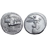 Octavian AR Denarius. Italian mint (Rome?), autumn 30 BC. Octavian driving triumphal quadriga right,