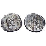 Q. Sicinius and C. Coponius AR Denarius. Military mint moving with Pompey, 49 BC. Diademed head of