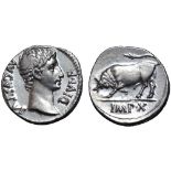 Augustus AR Denarius. Lugdunum, 15-13 BC. AVGVSTVS DIVI•F, bare head right / Bull butting to left;