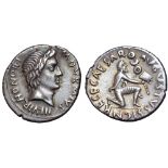 Augustus AR Denarius. Rome, 19-18 BC. M. Durmius, moneyer. M•DVRMIVS III•VIR•HONORI, head of Honos