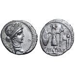 Julius Caesar AR Denarius. Military mint travelling with Caesar, 48-47 BC. Diademed female head