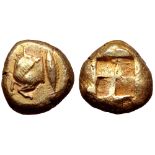 Mysia, Kyzikos EL Stater. Circa 550-500 BC. Forepart of bull running to left, head reverted /