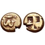 Mysia, Kyzikos EL Hekte. Circa 500-450 BC. Ketos to left; tunny fish above / Quadripartite incuse