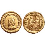 Valentinian II AV Solidus. Thessalonica, AD 379. D N VALENTINIANVS IVN P F AVG, pearl-diademed,