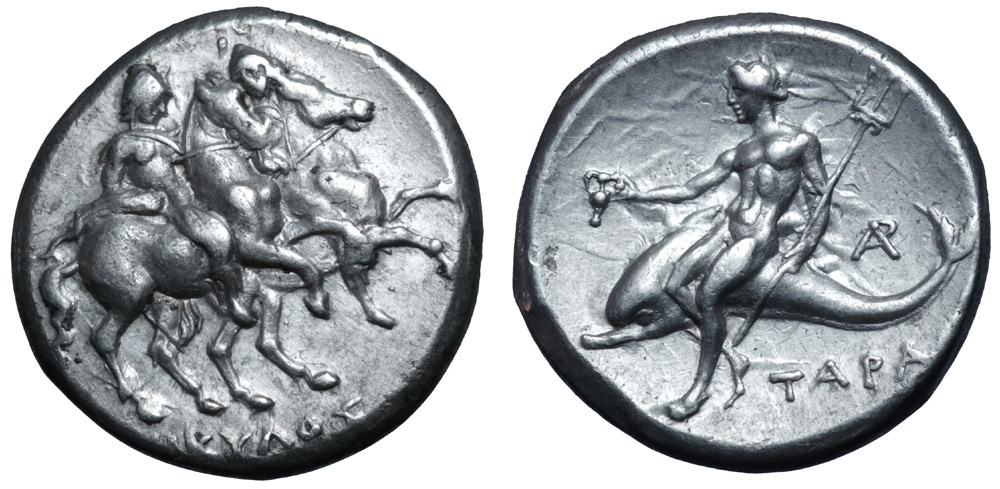 Calabria, Tarentum AR Nomos. Circa 272-235 BC. Nikylos, magistrate. The Dioskouroi riding to