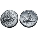 Calabria, Tarentum AR Nomos. Circa 272-235 BC. Nikylos, magistrate. The Dioskouroi riding to