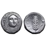 Lucania, Metapontion AR Stater. Circa 330-290 BC. Head of Demeter facing slightly right, wearing