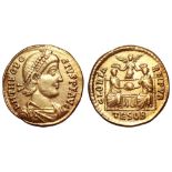 Theodosius I AV Solidus. Thessalonica, AD 379. D N THEODOSIVS P F AVG, pearl-diademed, draped and