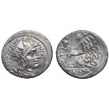 Cn. Cornelius L. f. Sisena AR Denarius. Rome, 118-107 BC. Helmeted head of Roma right; SISENA