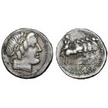 Gargilius, Ogulnius, and Vergilius AR Denarius. Rome, 86 BC. Head of Apollo right, wearing oak-