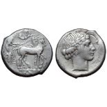 Sicily, Katane AR Tetradrachm. Circa 425 BC. Charioteer, holding kentron and reins, driving slow