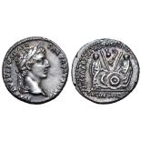 Augustus AR Denarius. Lugdunum, 7-6 BC. CAESAR AVGVSTVS DIVI F PATER PATRIAE, laureate head