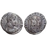 Constantius II AR Miliarense. Aquileia, AD 352-355. DN CONSTANTIVS P F AVG, pearl-diademed, draped