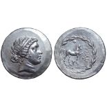 Aeolis, Kyme AR Tetradrachm. Circa 165/55-145/0 BC. Stephanophoric type. Seuthes, magistrate. Head