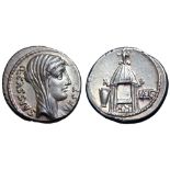 Q. Cassius Longinus AR Denarius. Rome, 55 BC. Veiled head of Vesta right; Q•CASSIVS downwards to