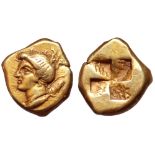 Mysia, Kyzikos EL Hekte. Circa 450-330 BC. Head of Artemis left, hair tied up behind, bow and quiver