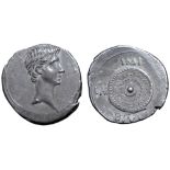 Octavian AR Denarius. Military mint moving with Octavian, 32 BC. Bare head of Octavian right / Round