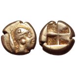 Mysia, Kyzikos EL Hekte. Circa 500-450 BC. Archaic female 'Aethiopian' head right, wearing