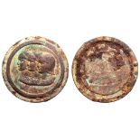 Medallic gilt Æ appliqué. 14th-15th centuries AD. Busts of three condottieri, each wearing a Italian