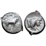 Sicily, Gela AR Tetradrachm. Circa 420-415 BC. Charioteer, holding kentron and reins, driving slow