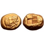 Mysia, Kyzikos EL Stater. Circa 450-330 BC. Forepart of man-headed bull right; tunny fish upwards to