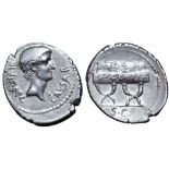 Octavian AR Denarius. Military mint travelling with Octavian in Italy, spring-summer 42 BC. Bare