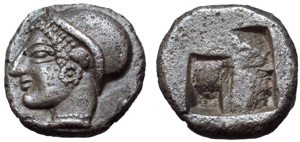 Ionia, Phokaia AR Diobol. Circa 500-480 BC. Female head left, wearing helmet or close fitting
