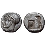 Ionia, Phokaia AR Diobol. Circa 500-480 BC. Female head left, wearing helmet or close fitting