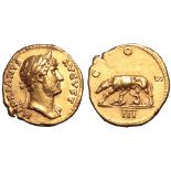 Hadrian AV Aureus. Rome, AD 124-128. HADRIANVS AVGVST, laureate bust right, slight drapery on far